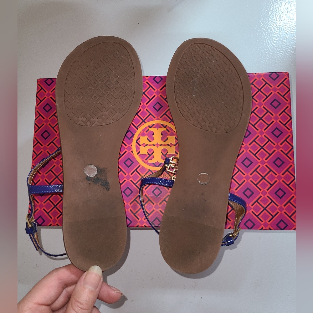 Tory Burch Designer Melinda Blue T Strap Sandals Slingback Flat 8.5 - Picture 11 of 11